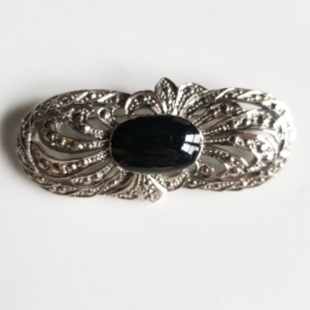 Vintage Silver - Toned Brooch With Large Black Cen